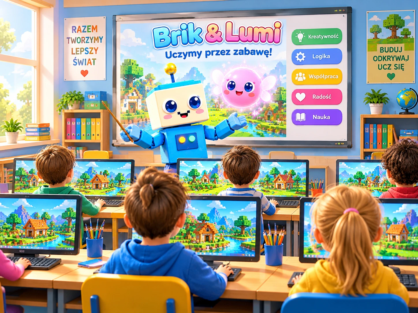 Računarska učionica u školi — edukativna igra za decu Brik i Lumi